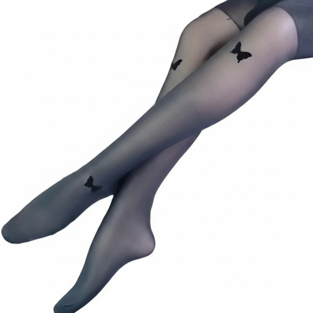 New Black Flockedā Butterfly Sheer Pantyhose Tights Cottagecore Fairycore OS